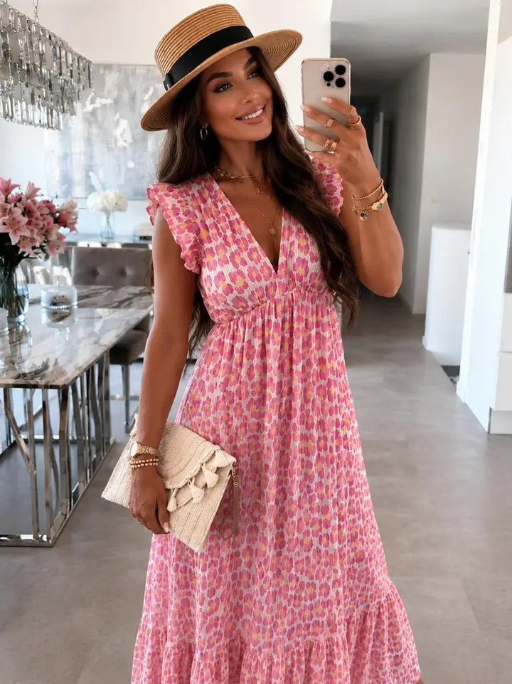 Anya Leopard Print Ruffle Frill Sleeve Cotton Gauze Style Maxi Dress-Pink