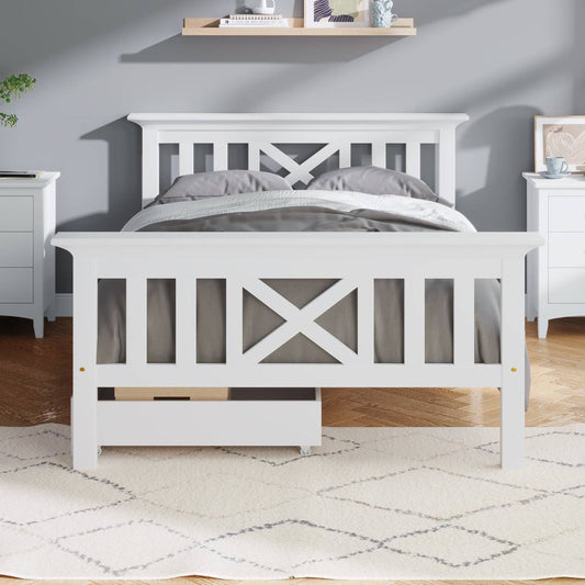 Wholesale White Solid Pine Wood Single Bed Frame with 2 Under Bed Drawers