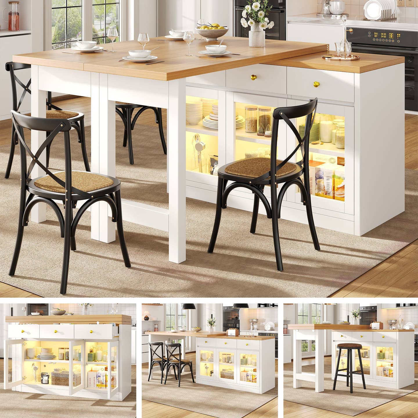 Wholesale Extendable kitchen island with rotatable table, LED lights and storage ARMOIRESTYLE