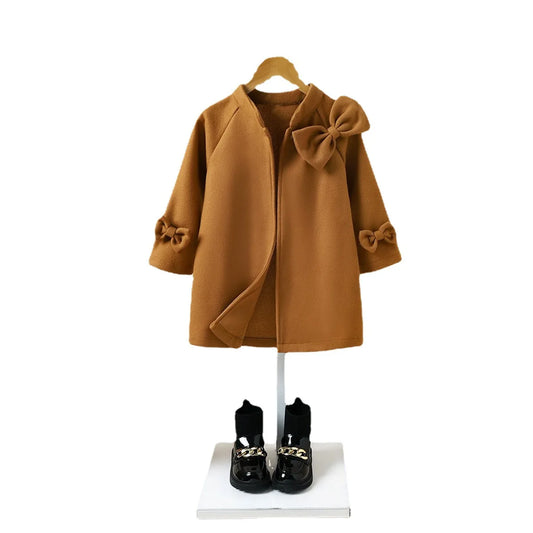 Children's Autumn/winter Women's Children Stand Collar Tweed Coat Fashion Jacket Bow Coat