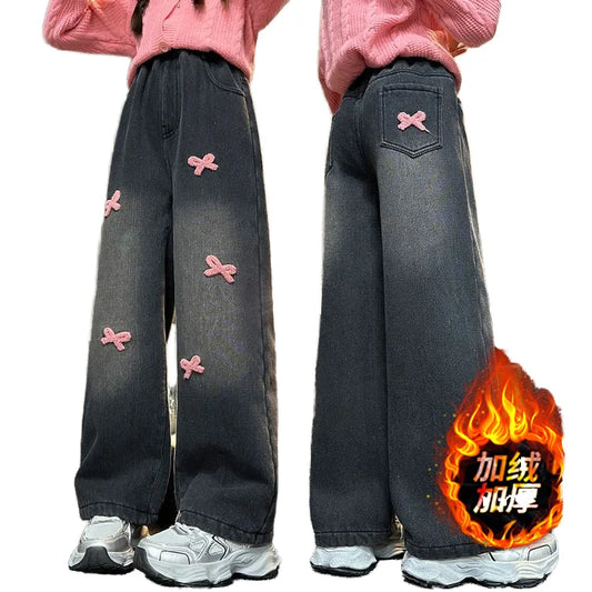 Winter New Girls' Thickened Straight Pants Loose Wide Leg Fleece-Lined Denim Pants for Large Children Embroidered Casual Washed