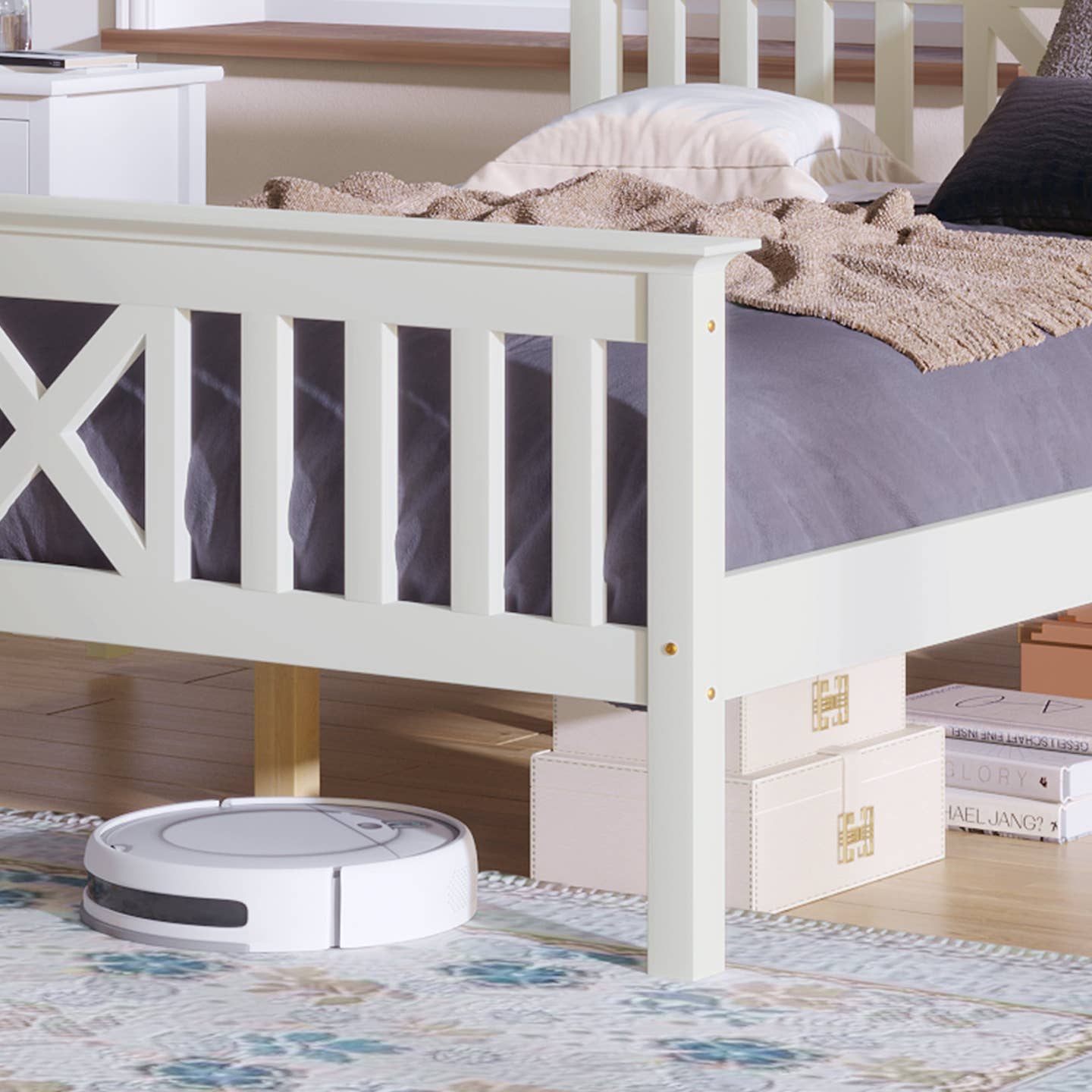 Wholesale White Solid Pine Wood Single Bed Frame with 2 Under Bed Drawers
